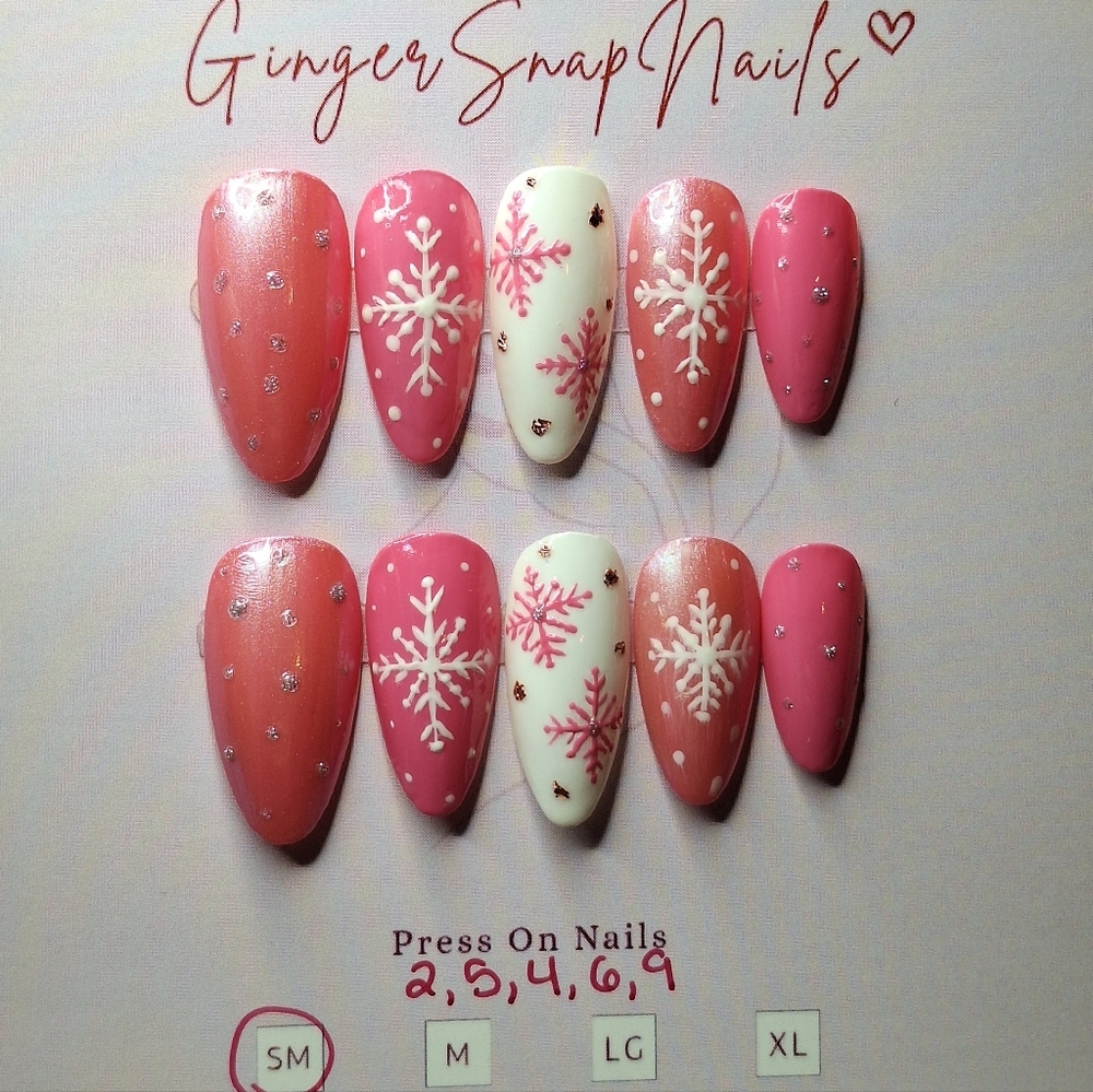 Press On Nails 10pc Long Almond Pink Glitter Snowflakes Size Small 2, 5, 4, 6, 9 - Picture 3 of 8